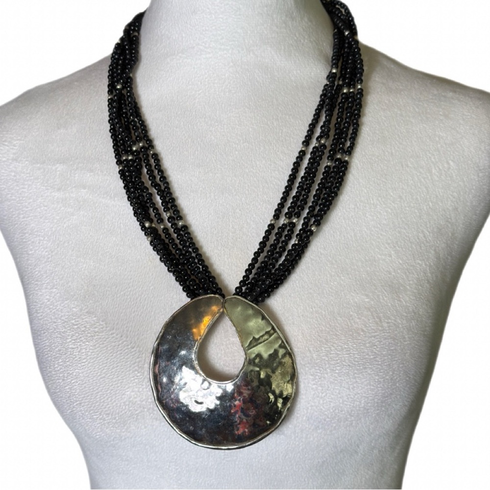 Vintage Black Beaded Statement Necklace Large Silver Disc Pendant 25”